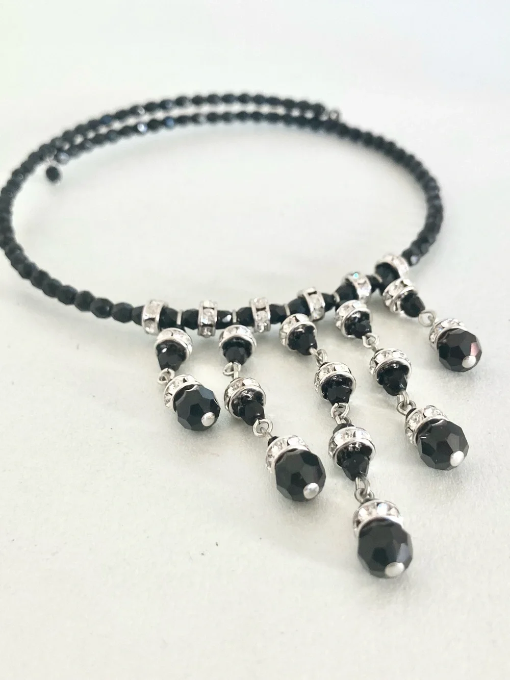 Black and silver tone Beaded Fringe adjustable Choker preloved Necklace Jewelry